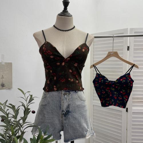 Deep V-neck Floral Short Sling Women's Outer Wear with Chest Pad Small Vest Sleeveless Top