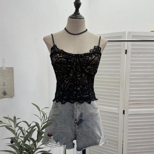 Lace Design Sling Vest with Chest Pad Short Slim-fit Hollow Inner Sleeveless Top