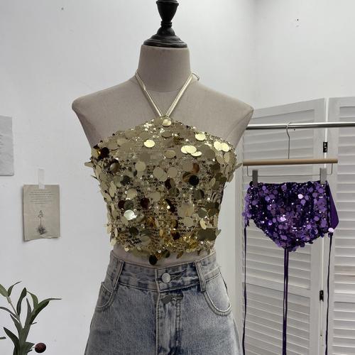 Sequin & Polyester Crop Top Camisole backless & off shoulder Solid : PC