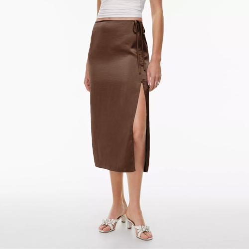 Lace-up Satin Skirt High Waist Split Straight Skirt Solid Color Elegant Long Skirt