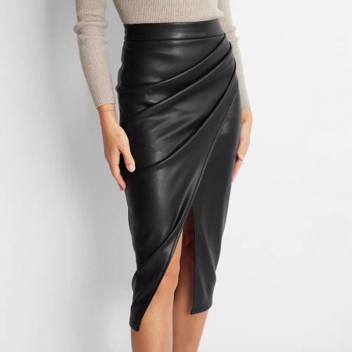 Women's PU Split Skirt Autumn and Winter High Waist Zipper Pleated Leather Skirt