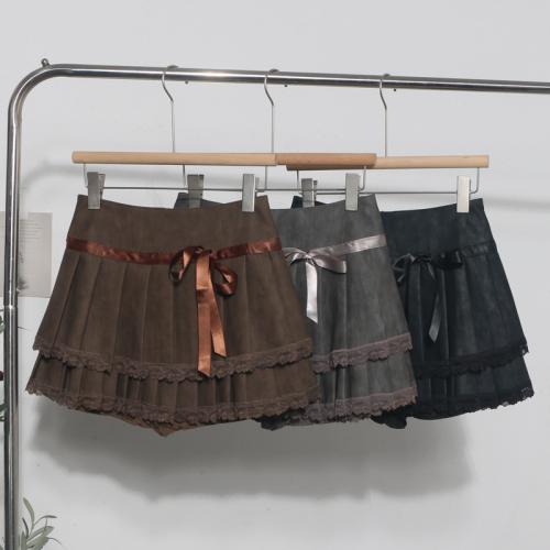 Retro College Style Bow Lace Pleated Short Skirt High Waist Anti-glare pu Leather Skirt