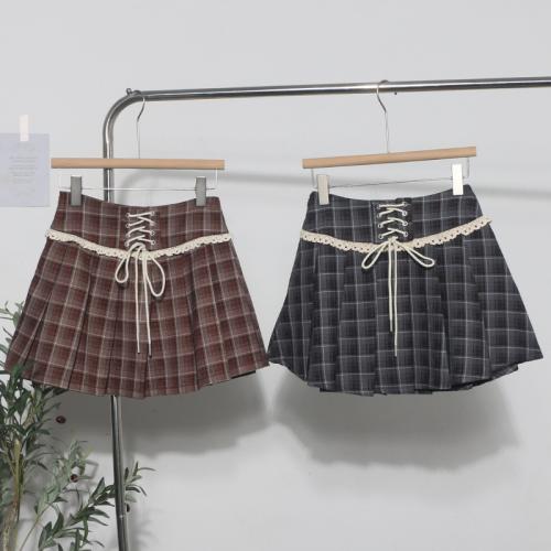 Color-blocked Plaid Skirt Women's Lace Edge Decorative Lace-up Anti-light Pleated Short Skirt