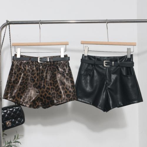 Leopard print casual shorts hot girls sexy hip hot pants PU leather straight pants with belt