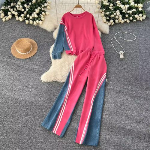 Casual Sports suit Women's Autumn Loose All-match Round Neck Sweat High Waist Denim Stitching Pants