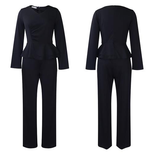 Autumn and winter New Fashion OL ruffled v-neck top pants two-piece suit