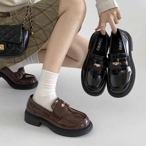 All-match Retro Coarse Heel Leather Shoes Women's New Autumn and Winter Slip-on Loafer Shoes