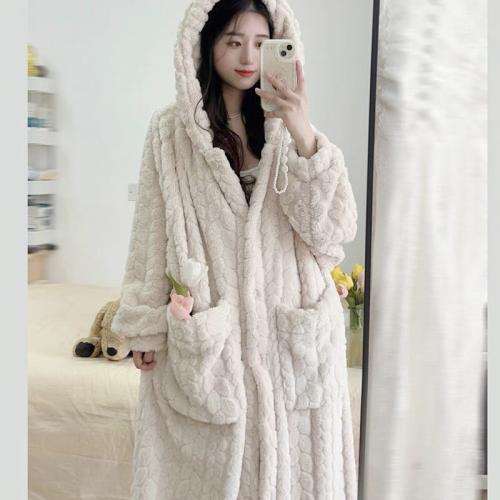 Women's coral fleece thickened nightgown loose warm home wear autumn and winter long bathrobe pajamas