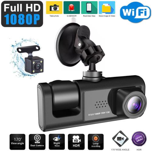 Car Dual Lens Dash Cam HD 1080P Front/Rear/Inside Video Recorder Camera G-Sensor