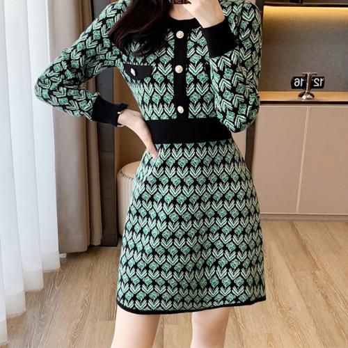 Knitted Dress Women's Autumn New Jacquard Crewneck Long-sleeved Base A-line Sweater Dress