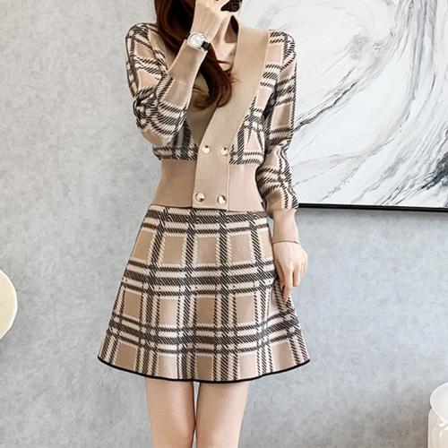 Classic plaid fashion casual suit women's sweater knitted two-piece skirt suit