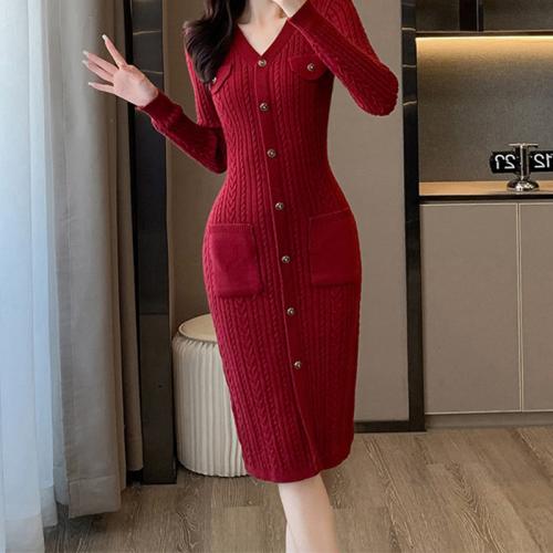 Over-knee long knitted dress women's autumn and winter sheath sweater dress