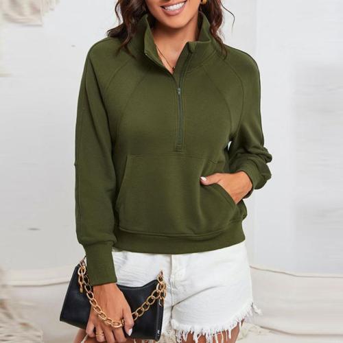 Casual all-match solid color sweater women's autumn New zipper stand collar long sleeve sweatshirt