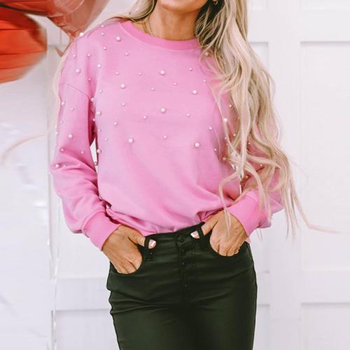 New solid color round neck long sleeve top women's fashion beaded pullover Sweatshirt