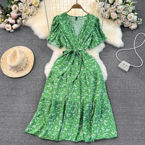 Chic Bubble Short-Sleeved V-Neck Tight Waist Slimming Lace-Up A-Line Floral Dress Elegant Long Dress