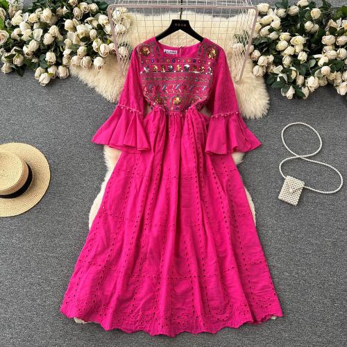 Bohemian style dress women's summer petal sleeve hollow-out chic dress