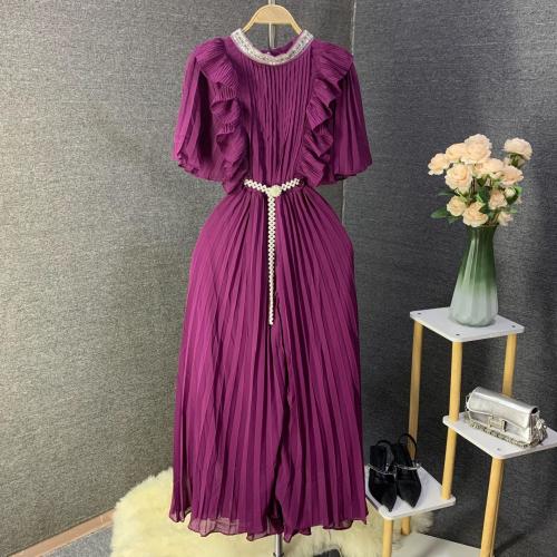 French Style Embroidered Beads Short-sleeved dress Women's Tight Waist Slimming A-line Pleated Chiffon Dress