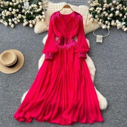 High-end Niche dress Sequin Stitching Lantern Sleeve Tight Waist Tassel Pleated Skirt