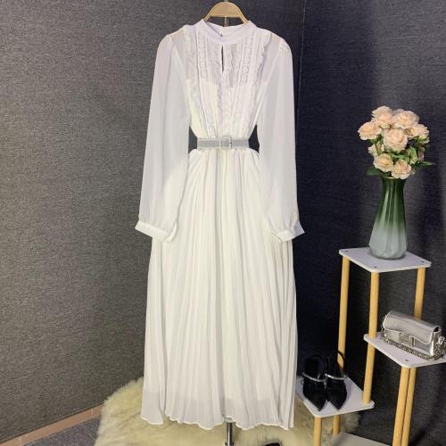 High-end Elegant Solid Color dress Women Lace Long Dress Pleated Dress Long Sleeve Chiffon Dress