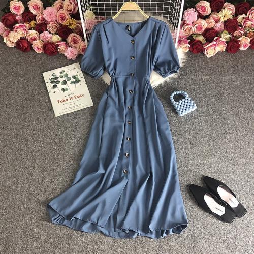 New loose solid color tight waist cardigan short sleeve dress button dress elegant