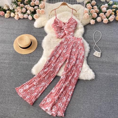 Seaside Holiday suit elegant V-neck camisole pleated wide-leg pants versatile two-piece suit