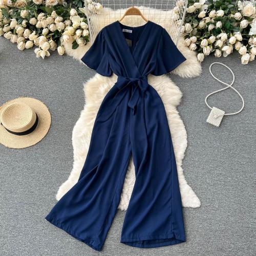 Spring and Summer New Design Tight Waist Strap Elegant V-Neck Jumpsuit