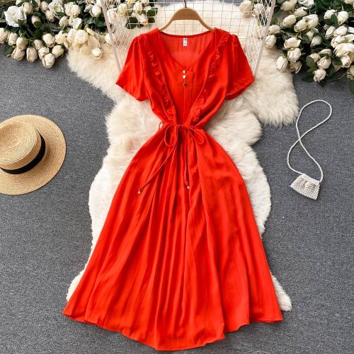 Pleated Lace-up Slim-fit Vacation Style Chiffon Long Dress Solid Color Elegant V-neck Dress