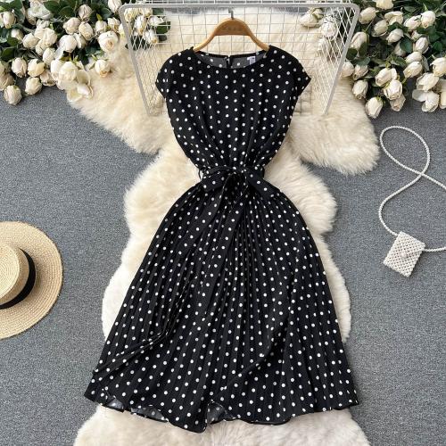 Summer Tea Break Retro Polka Dot Dress Lace-up Waist Slimming Sweet Pleated Skirt