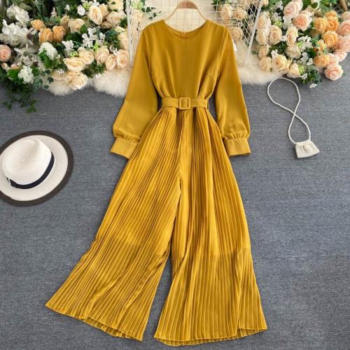 Autumn and Winter new elegant round neck long sleeve waist lace-up slimming pleated wide-leg trousers jumpsuit