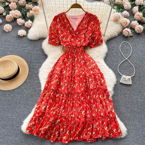 Sweet Floral Dress Summer New Slim-fit Slimming Elegant V-neck Vacation Dress