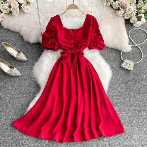 Summer New French Retro Style Square Collar Puff Sleeve Bow Tight Waist Slimming Elegant A-line Dress