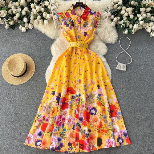 Retro Court Style High-end Shirt Dress Sleeveless Waist Slimming Floral Dress