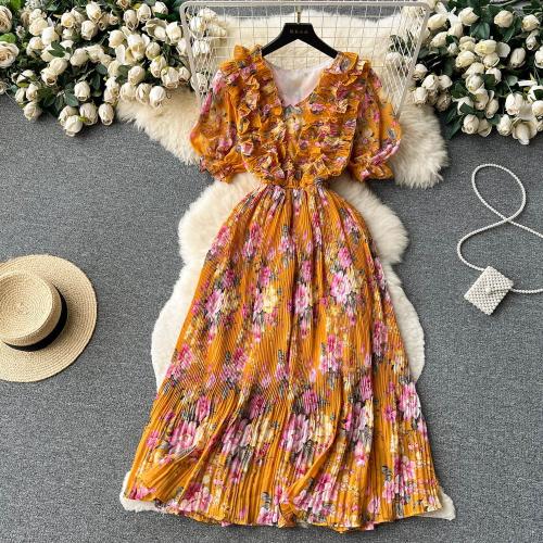 Floral Dress Women's Summer Puff Sleeve Pleated Waist  Vintage Princess Dress