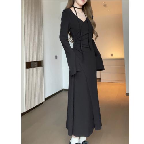 V-neck long sleeve dress women's pleated irregular lace-up waist slimming long skirt