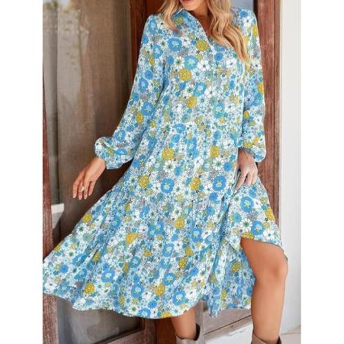 New Casual Loose Long Sleeve V-Neck Women's Bohemian Floral Elegant A- line Dress