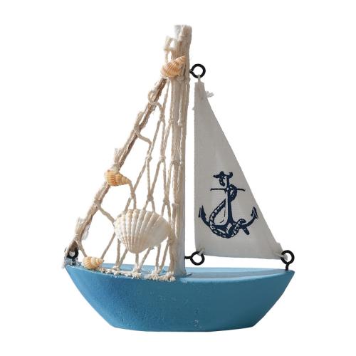 Mediterranean style blue and white shell boat decoration wooden sailboat model small ornaments