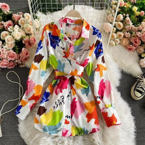 Elegant mid-length shirt for ladies, fashionable lace-up waist slimming irregular tie-dyed satin shirt