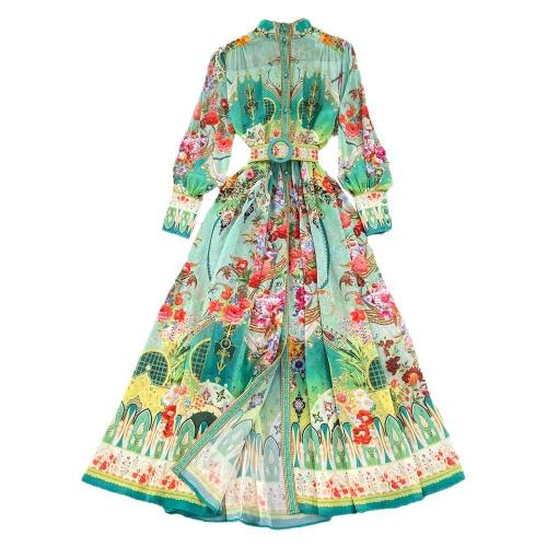 Spring and autumn retro stand collar waist-tight printed A- line dress elegant