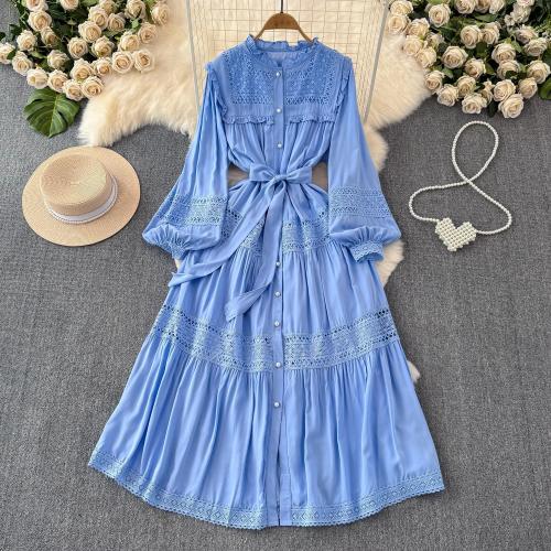 Sweet Lace-up Slim-fit Long Hollow Stitching French Puff Sleeve Women's Spring dress