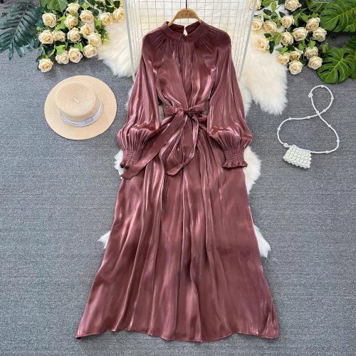 Elegant lantern long sleeve stand collar slimming lace-up A- line dress