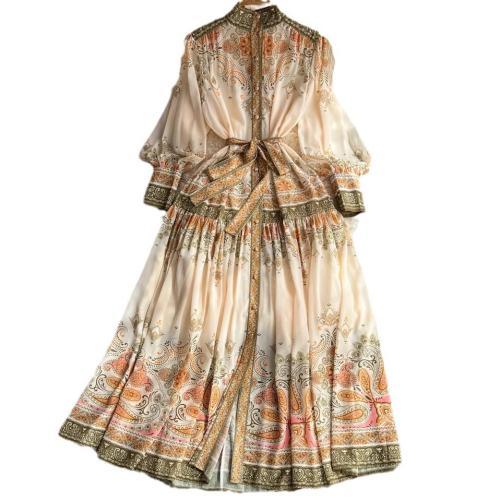 High-end Lantern Dress Long-sleeved Waist Slimming A- shaped Printed dress Elegant Long Dress