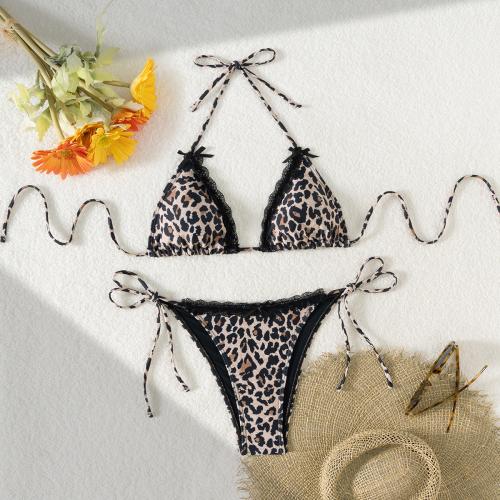 Polyester Bikini, Gedruckt, Leopard, Braun,  Festgelegt