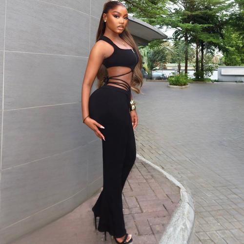 Women's Sexy Black Sleeveless Top High Waist Strap Tight Sports Pants suit