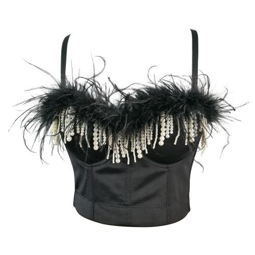 Feather Camisole Outer Wearing Short Sexy Top Beads Tassel Fishbone Strapless Body Shaping Top