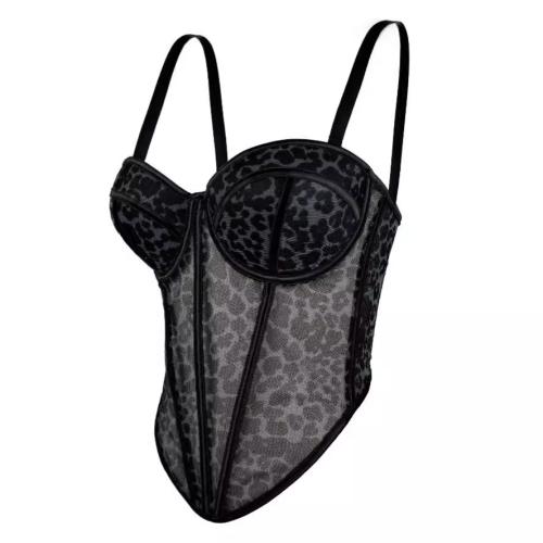 Sexy Leopard Dot Pattern Stitching Bra Sling Inner Mesh Lace Fishbone Camisole