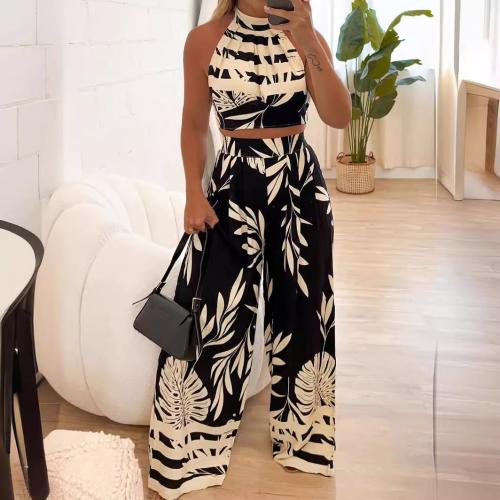 Women's Fashion Elegant Printed Neck Backless Straight Pants Two-piece Set