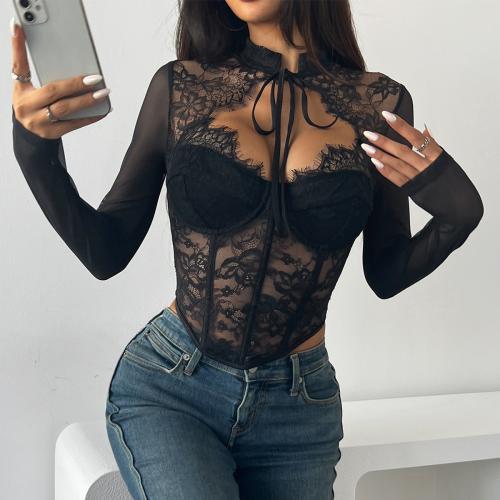 Autumn New Round Neck Lace-up Sexy Slim Steel Ring Fishbone Breathable Long Sleeve Top