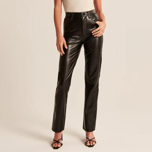 New straight leather pants women's long casual low waist PU leather pants