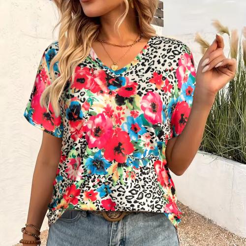 Polyester T-shirts femmes à manches courtes Imprimé Floral couleurs mixtes pièce