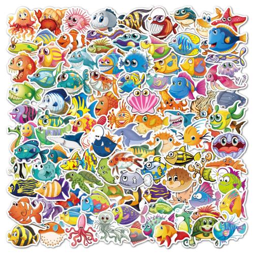 104pcs Fish Stickers Cartoon Waterproof Cute Self-adhesive Skateboard Luggage Case Ocean Animal Stickers